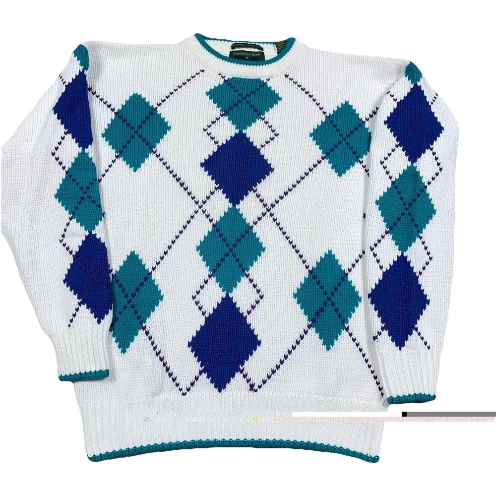 Vintage Grandpa Sweater Men Medium White Teal Diamond Crewneck Heavy Knit 90s *